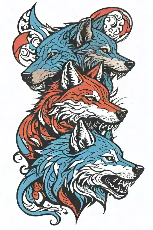 two wolves one good one black red blue stylized tattoo design idea