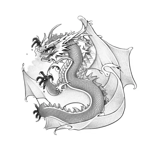 japanese style dragon with katana black and white flowers tattoo design idea