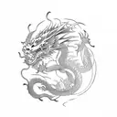 japanese style dragon with katana black and white flowers tattoo design idea