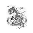 japanese style dragon with katana black and white flowers tattoo design idea