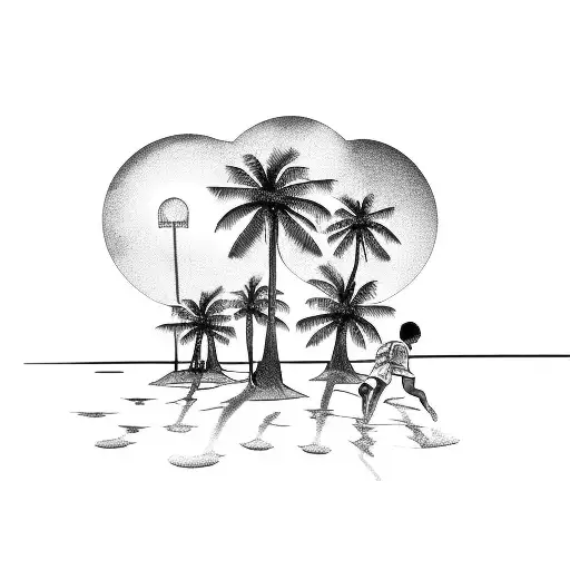 beach sunset with palm trees and three boys playing soccer tattoo design idea