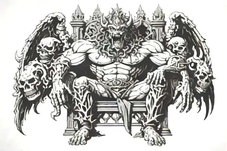 The palace is in the Gothic style. A muscular demon sits on a throne of bones and sinners, with demons and devils of a  tattoo design idea
