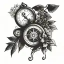 Mystical forest with hidden creatures and symbols intertwined with a vintage pocket watch and compass tattoo design idea
