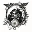 Mystical forest with hidden creatures and symbols intertwined with a vintage pocket watch and compass tattoo design idea