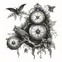 Mystical forest with hidden creatures and symbols intertwined with a vintage pocket watch and compass tattoo design idea
