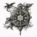 Mystical forest with hidden creatures and symbols intertwined with a vintage pocket watch and compass tattoo design idea