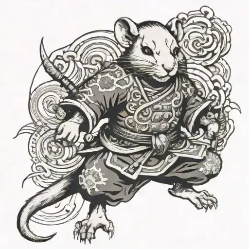 Chinese rat warrior anthropomorphic  tattoo design idea