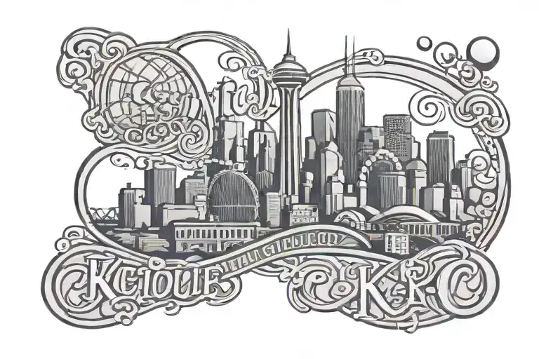 city with bubble letters of KC logo and st. Louis arch tattoo design idea