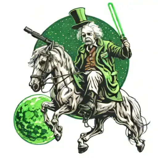albert einstein riding a horse with a lightsaber in his hand and theres a green moon in the background wearing a hat tattoo design idea