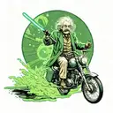 albert einstein riding a horse with a lightsaber in his hand and theres a green moon in the background wearing a hat tattoo design idea