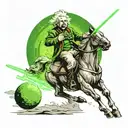 albert einstein riding a horse with a lightsaber in his hand and theres a green moon in the background wearing a hat tattoo design idea