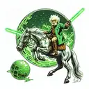 albert einstein riding a horse with a lightsaber in his hand and theres a green moon in the background wearing a hat tattoo design idea