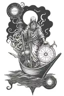 A boat in which Charon, the ferryman of the underworld, appears guiding the souls in the darkness with a lantern, style tattoo design idea