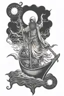 A boat in which Charon, the ferryman of the underworld, appears guiding the souls in the darkness with a lantern, style tattoo design idea