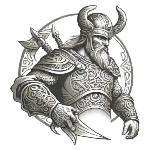 A viking warrior with intricate metal armor and weapons, surrounded by a mandala pattern tattoo design idea