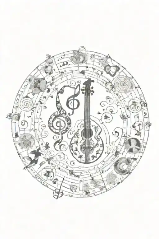 A patchwork sleeve featuring symbols of spirituality intertwined with music notes and ancient art designs and Architectu tattoo design idea