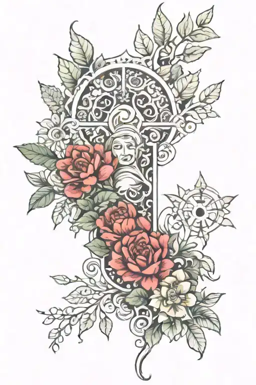 spirituality, nature, ancient art, patch work leg sleeve tattoo design idea