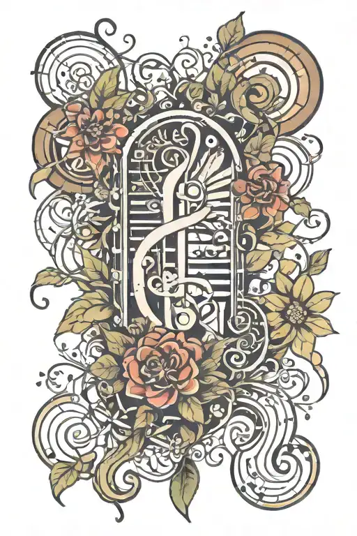 spirituality, nature, music notes, ancient art, patch work leg sleeve tattoo design idea