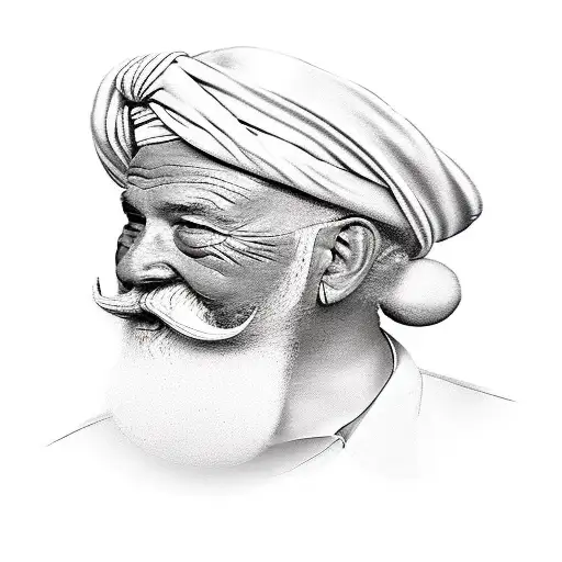 A creative interpretation of your grandfather's passions and hobbies, represented in a new-school tattoo design with his signature red turban and white beard tattoo design idea