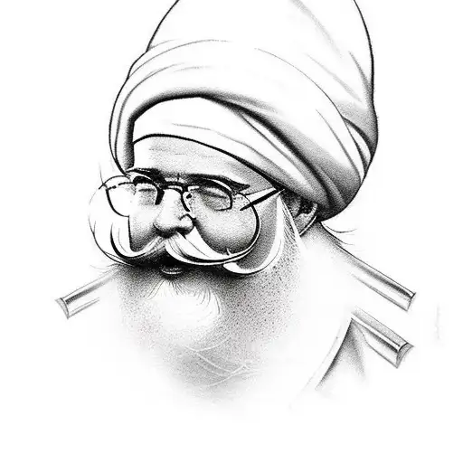 A creative interpretation of your grandfather's passions and hobbies, represented in a new-school tattoo design with his signature red turban and white beard tattoo design idea