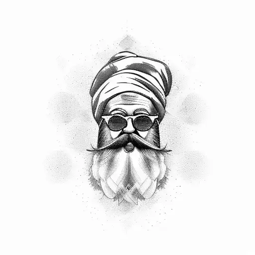 A creative interpretation of your grandfather's passions and hobbies, represented in a new-school tattoo design with his signature red turban and white beard tattoo design idea