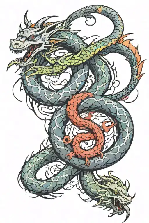 snake and dragon intertwined tattoo design idea