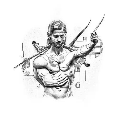 A tattoo design combining elements of Saint Sebastian's story with circuit board patterns tattoo design idea