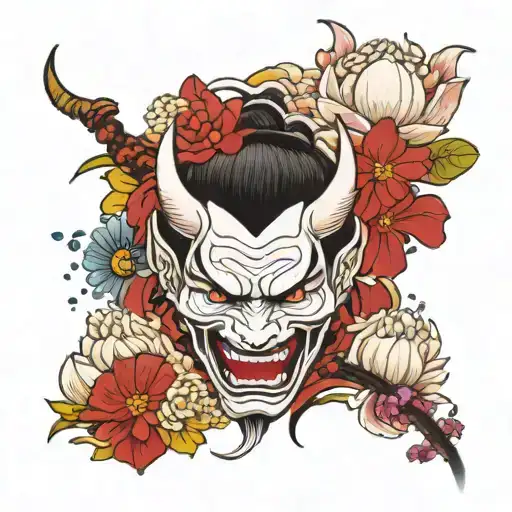 Side head of a raging white Hannya looking in front with one blind eye surrounded by water and lotus flowers tattoo design idea