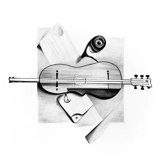 a guitar, out of the 6 stings, 1st one love, 2nd life, 3rd travel, 4 peace, 5 th is name Leonardo, 6th is name Lina tattoo design idea