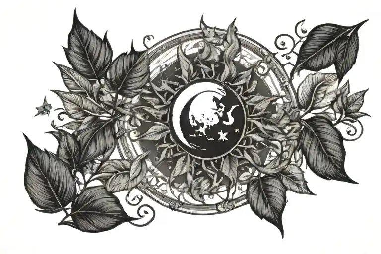 tarot card moon, tarot card sun with leaves around it tattoo design idea