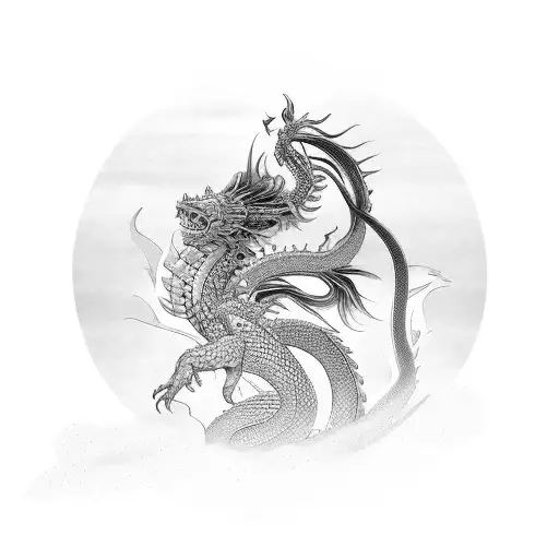 realistic nude female samurai wrapped around by a realistic dragon and koi fish and cherry blossoms interwoven in the ba tattoo design idea