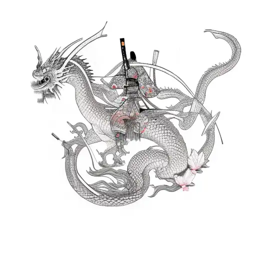 realistic nude female samurai wrapped around by a realistic dragon and koi fish and cherry blossoms interwoven in the ba tattoo design idea