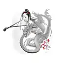 realistic nude female samurai wrapped around by a realistic dragon and koi fish and cherry blossoms interwoven in the ba tattoo design idea