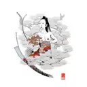 realistic nude female samurai wrapped around by a realistic dragon and koi fish and cherry blossoms interwoven in the ba tattoo design idea