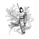 realistic nude female samurai wrapped around by a realistic dragon and koi fish and cherry blossoms interwoven in the ba tattoo design idea