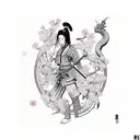 realistic nude female samurai wrapped around by a realistic dragon and koi fish and cherry blossoms interwoven in the ba tattoo design idea