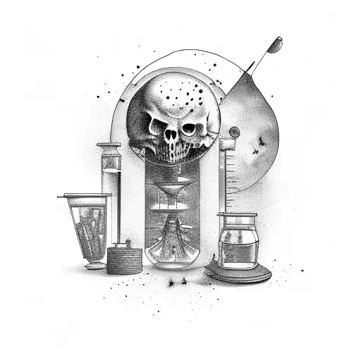 Bookshelf filled with scary movie DVDs and laboratory equipment tattoo design idea