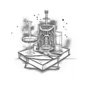 Bookshelf filled with scary movie DVDs and laboratory equipment tattoo design idea