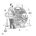 Bookshelf filled with scary movie DVDs and laboratory equipment tattoo design idea