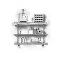 Bookshelf filled with scary movie DVDs and laboratory equipment tattoo design idea