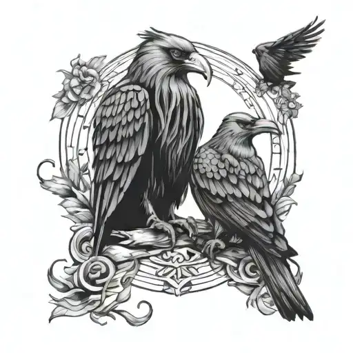odin and raven sitting tattoo design idea
