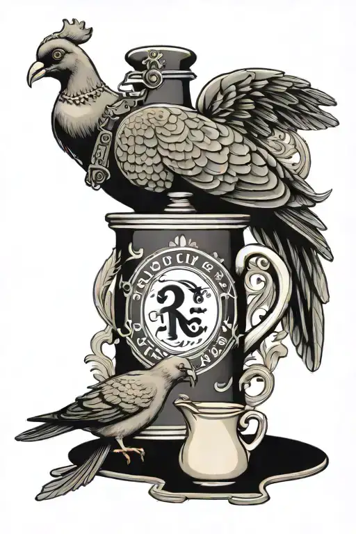 domino piece with a tea pot and a pigeon sitting on top with the RAF emblem tattoo design idea