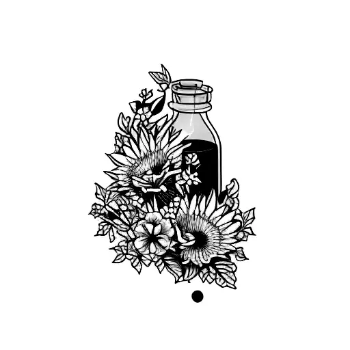 a bottle with lilac flowers and gooseberries tattoo design idea
