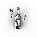 wine bottle with music note and playing cards tattoo design idea