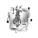 wine bottle with music note and playing cards tattoo design idea