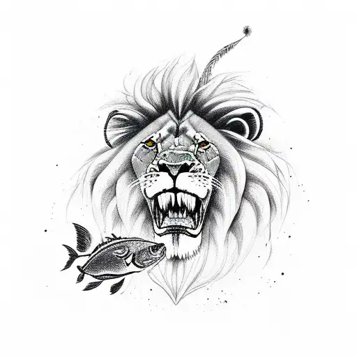 lion fighting a fish tattoo design idea