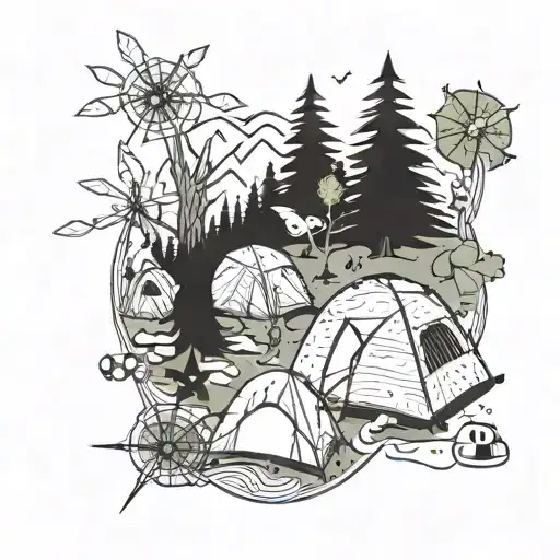 An abstract design representing the challenges of living with ataxia, intertwined with camping elements and children playing tattoo design idea