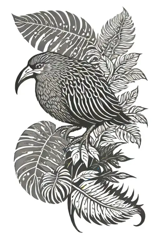 a kiwi bird surfing on a silver fern leaf tattoo design idea