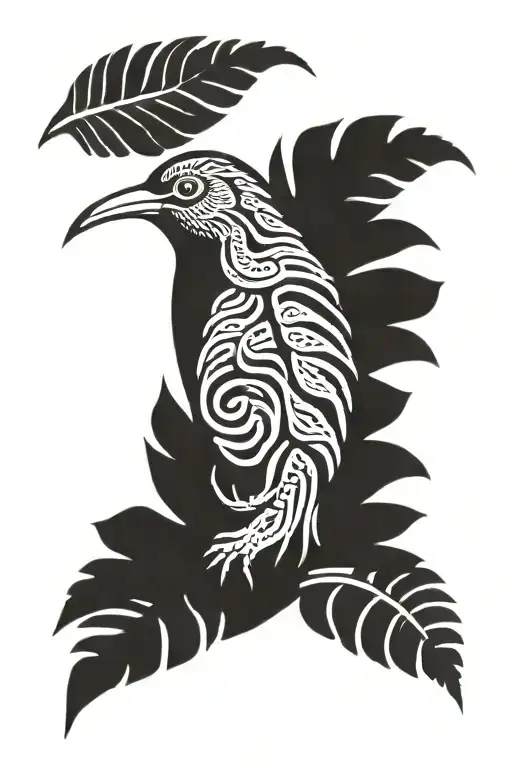 a kiwi bird intertwined in a silver fern forest tattoo design idea