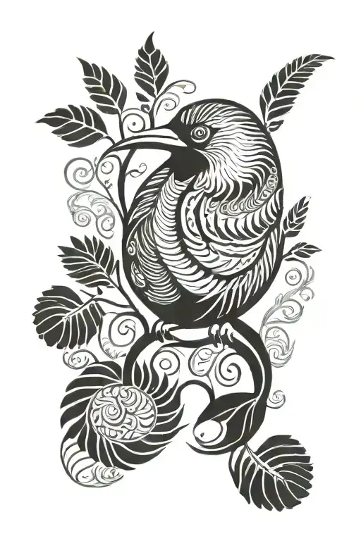 a kiwi bird intertwined in a silver fern forest tattoo design idea